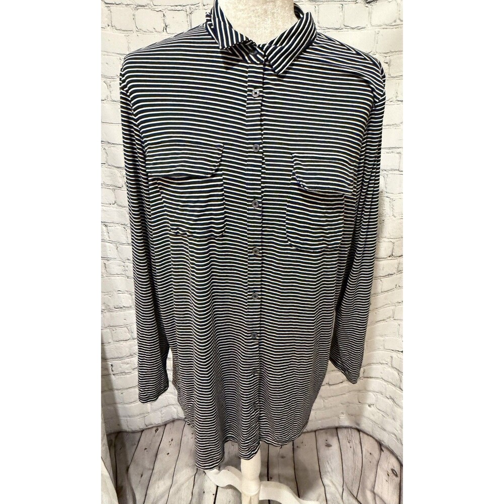 Lands End Striped Stretchy Button Up Shirt Women's Blue Lightweight Nautical L